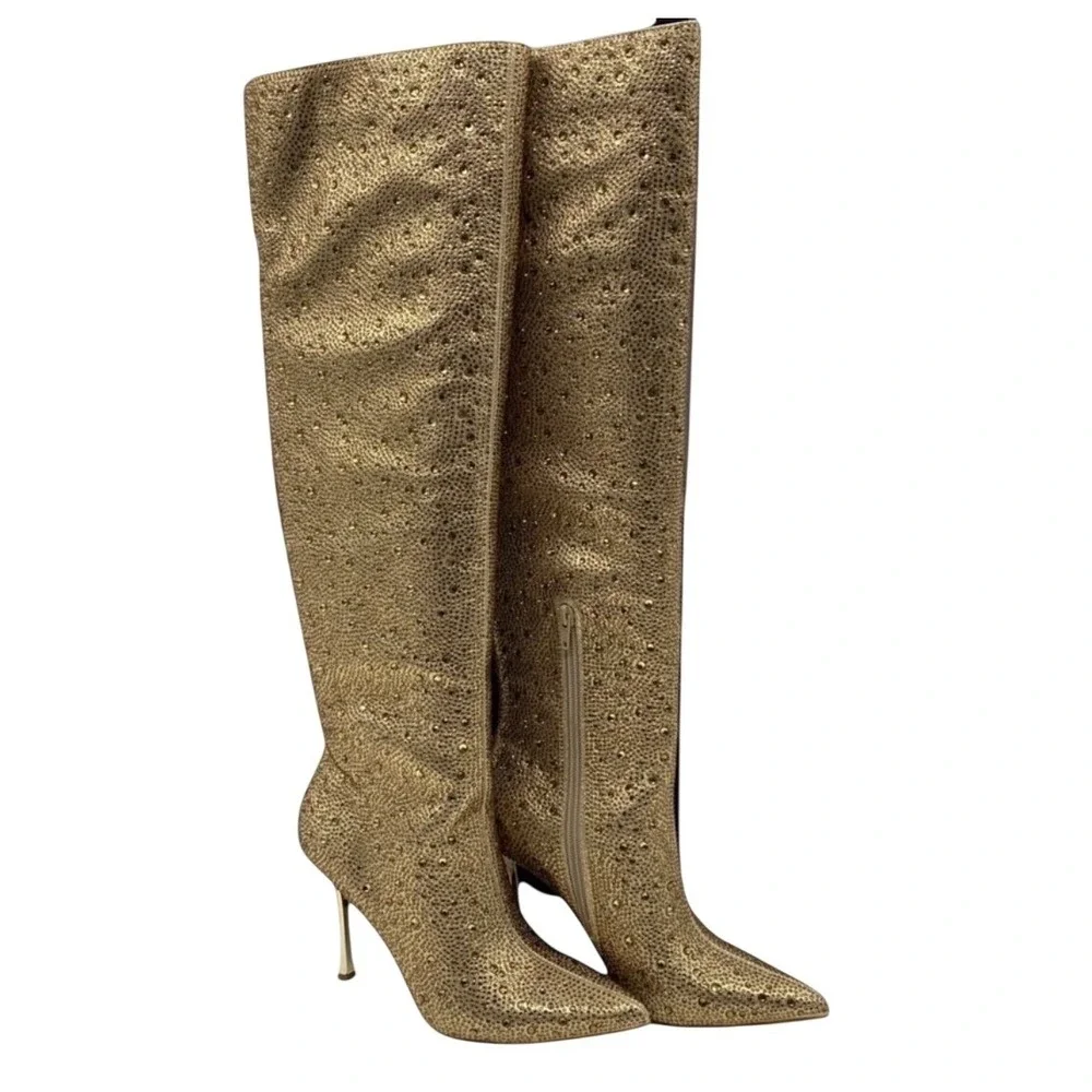 INC International Concepts Saveria 5 Gold Rhinestone Stiletto Boots Womens 6.5M